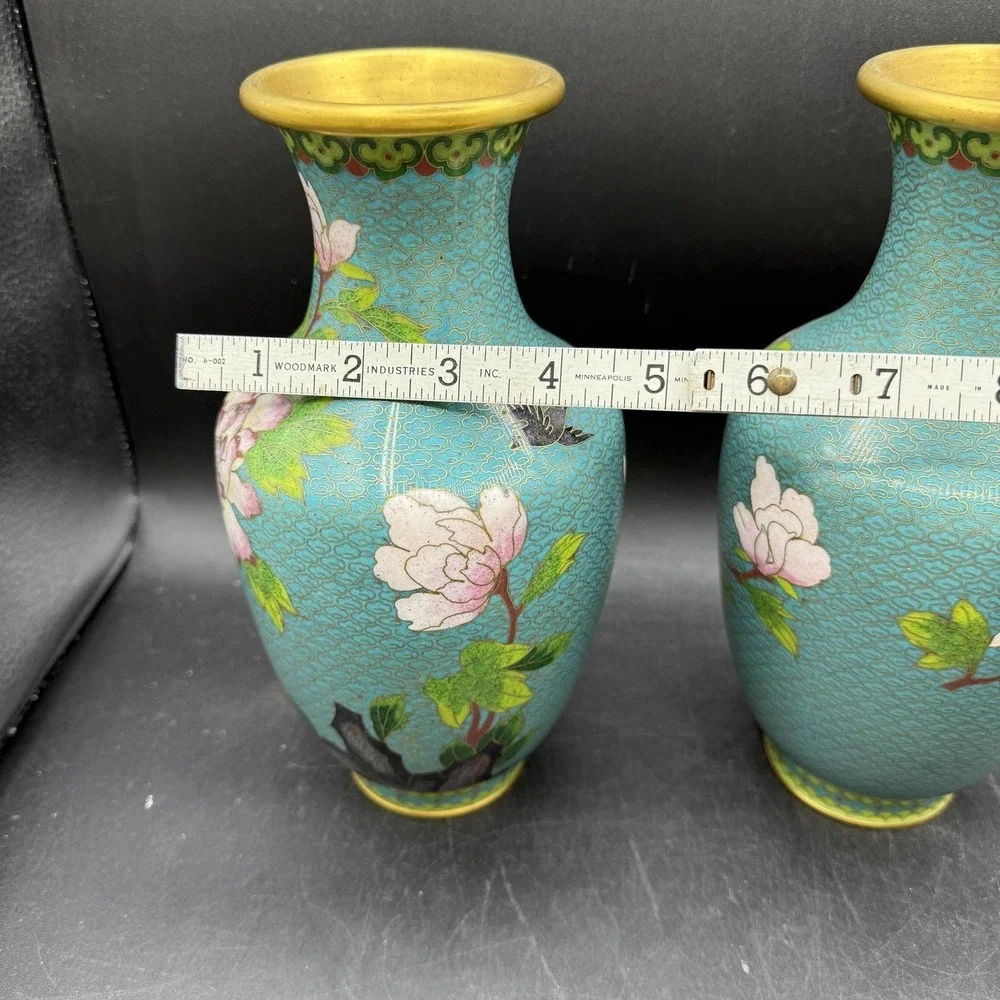 Vintage Chinese Teal Blue Cloisonne Enamel Brass Table Vases Pair Floral Birds - Picture 9 of 11